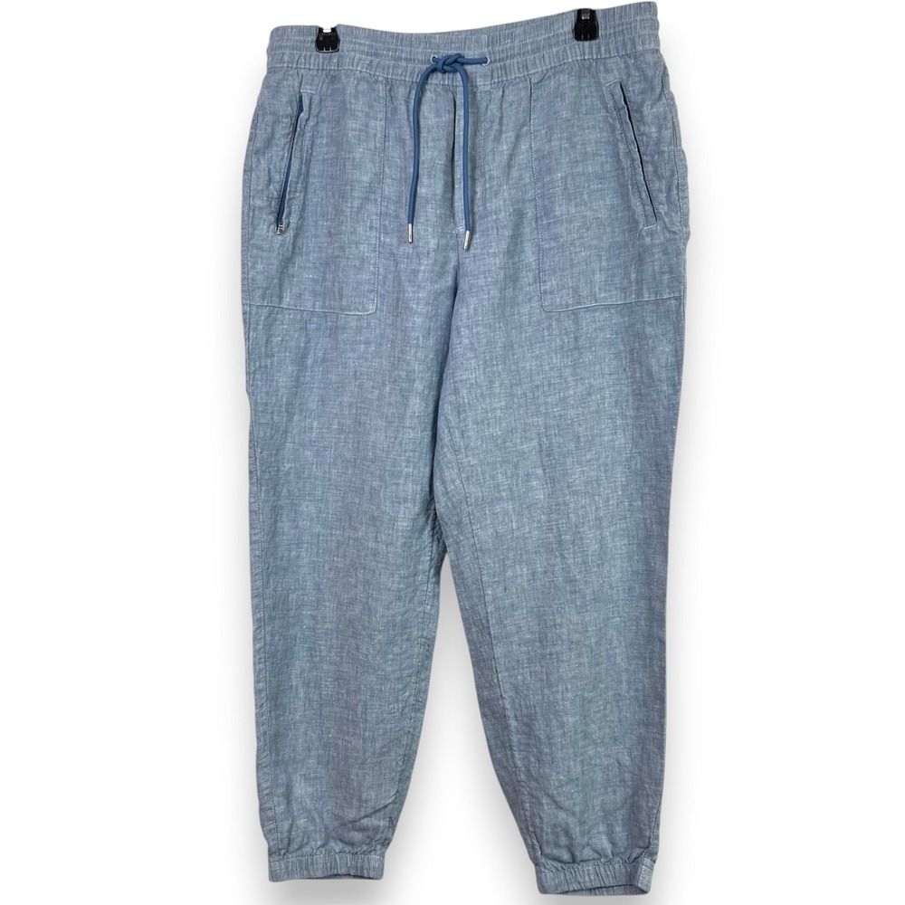 Athleta 100% Linen Jogger Pants Women 12 Blue Chambray Casual Travel Minimalist